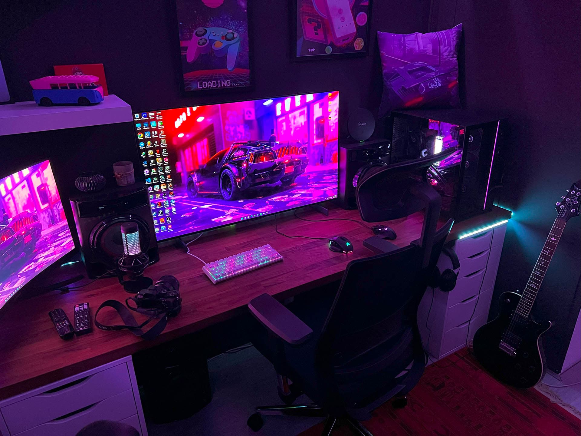 The desk setup with trading screens