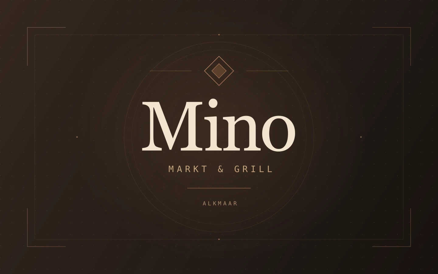 Minimal Mino Markt & Grill wordmark artwork in warm copper and cream